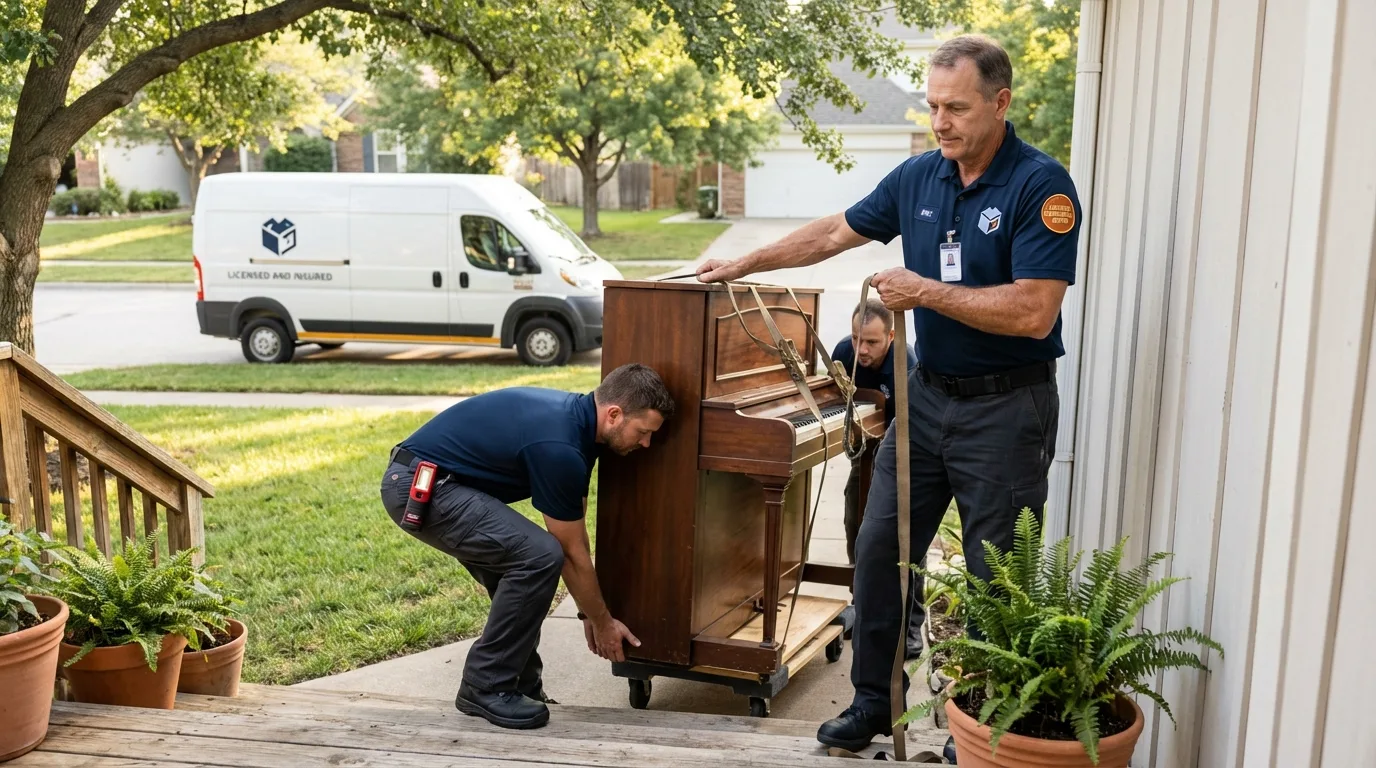Licensed piano movers securing grand piano in Oxford, OH