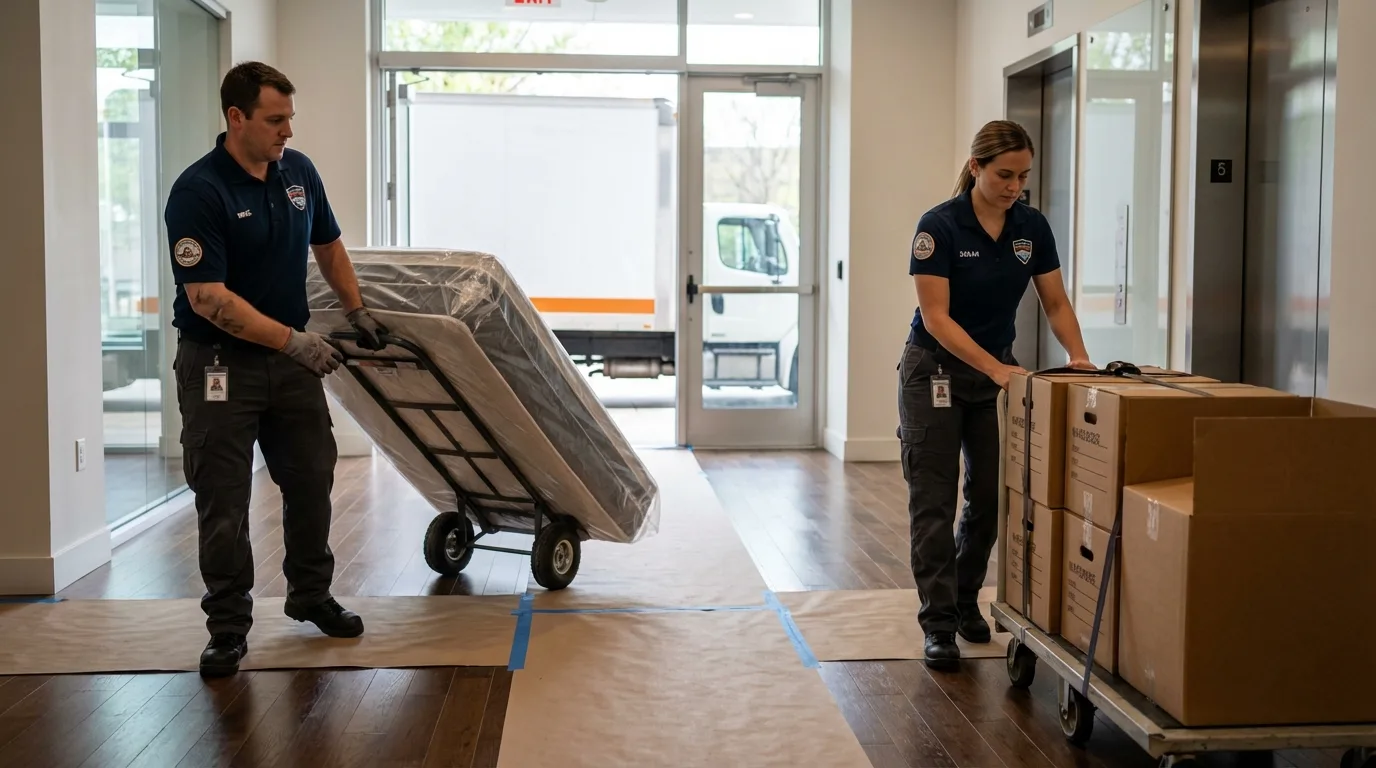 Professional apartment movers loading elevator in Oxford, OH
